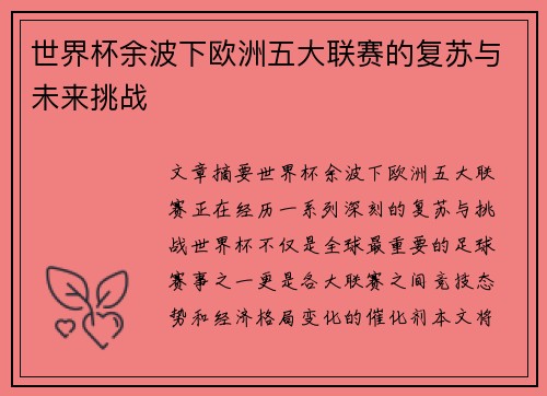 世界杯余波下欧洲五大联赛的复苏与未来挑战